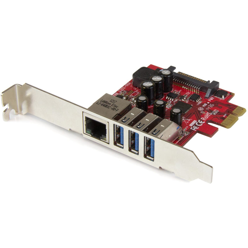 StarTech.com PCIe card showing three USB 3.0 ports and one Ethernet port mounted on a red circuit board with metal bracket