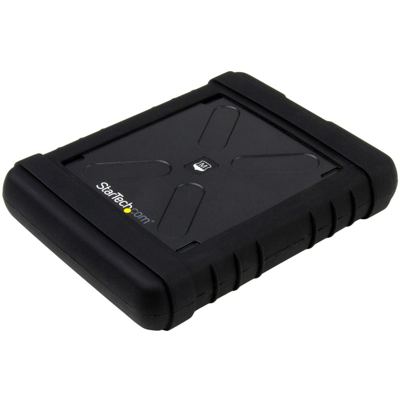 Top view of black rugged external hard drive enclosure with reinforced corners and X-pattern design