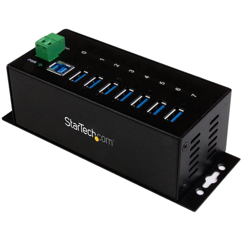 Front view of StarTech.com 7-port industrial USB 3.0 hub showing numbered ports and green power terminal block