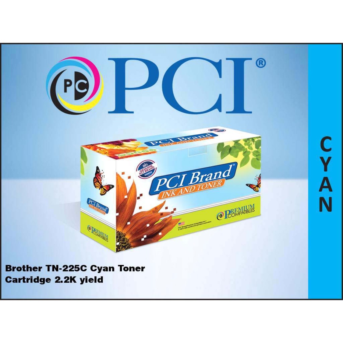 PCI Brand cyan toner cartridge product display with company logo and specifications on blue background-alternate-image2