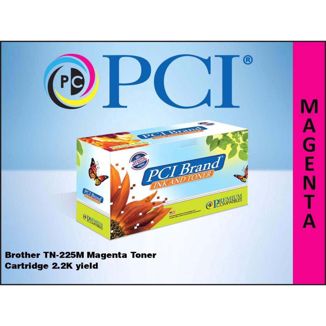 PCI Brand magenta toner cartridge product display with logo and specifications on blue background-alternate-image2