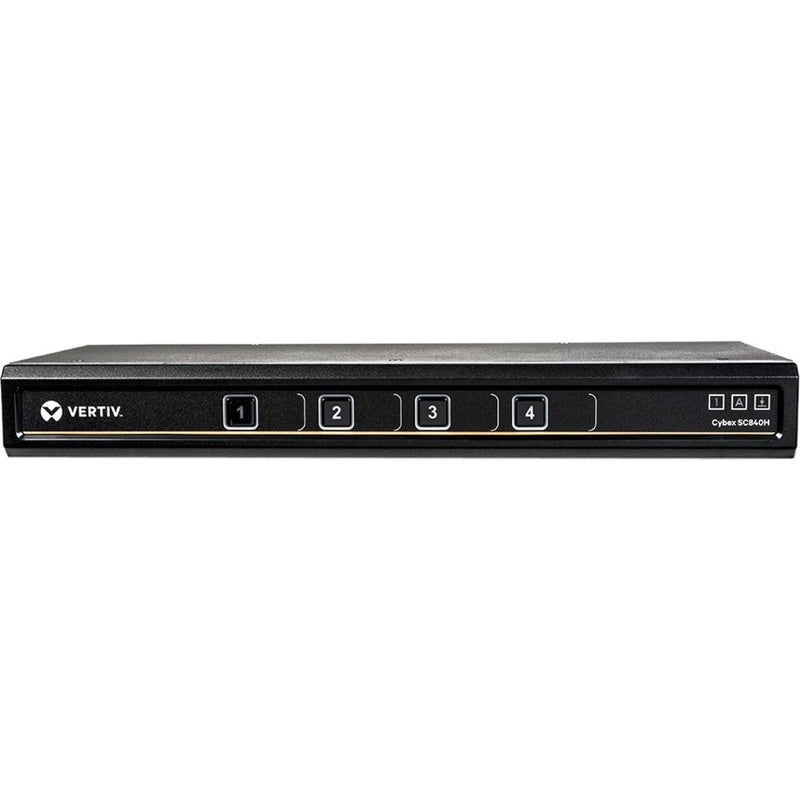 Front view of AVOCENT SC840H Secure KVM Switch showing four numbered selection buttons and Vertiv branding