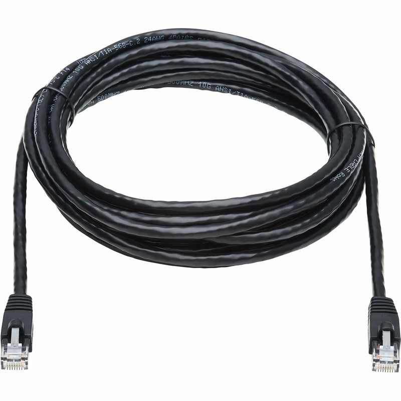 Full length view of 14-foot black Cat6a network cable with snagless connectors on both ends