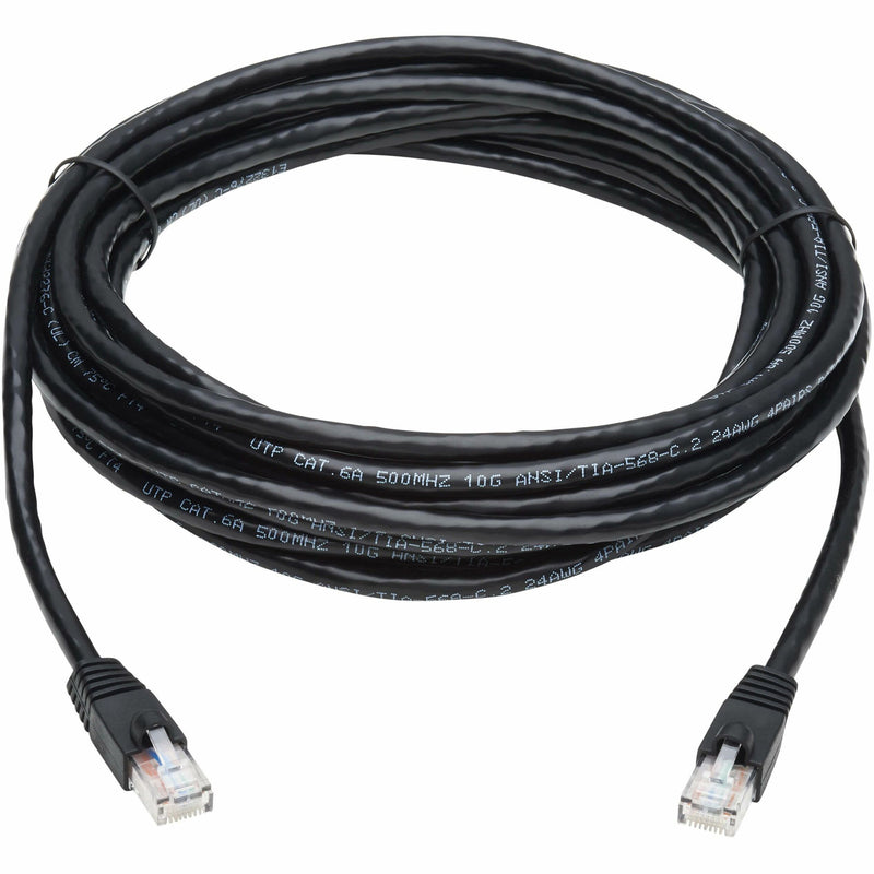 Full length view of coiled black Cat6a network cable with RJ-45 connectors on both ends