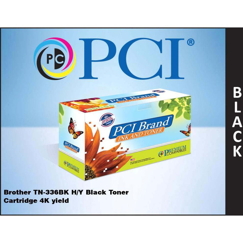 PCI Brand toner cartridge packaging with company logo and product details for Brother TN-336BK high-yield black toner