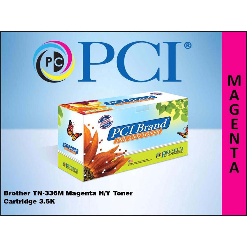 PCI Brand Brother TN-336M compatible magenta toner cartridge box with logo and magenta identification panel