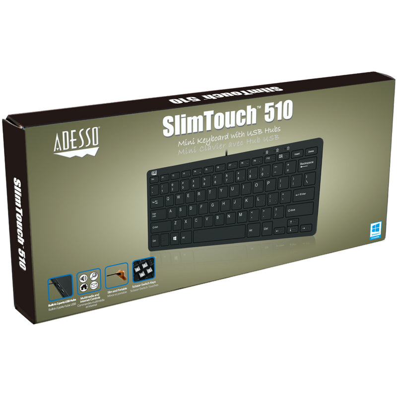 Retail packaging of Adesso SlimTouch 510 keyboard showing product features and specifications