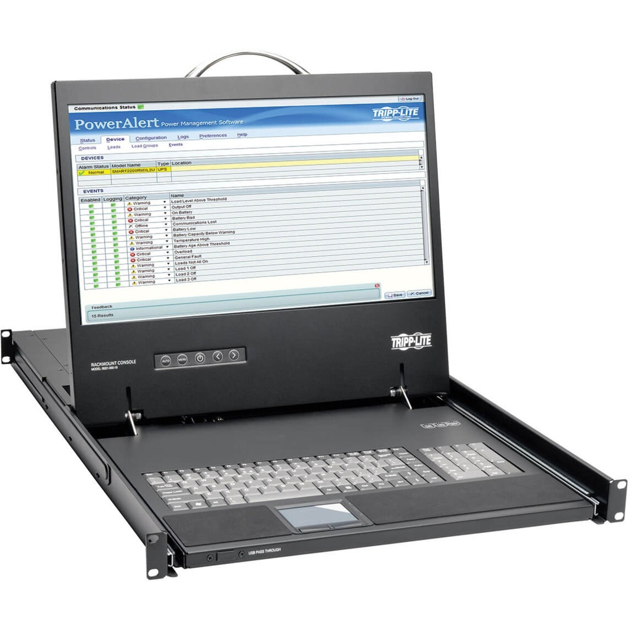 Tripp Lite rack console showing PowerAlert interface on 19-inch display with integrated keyboard and touchpad-alternate-image1