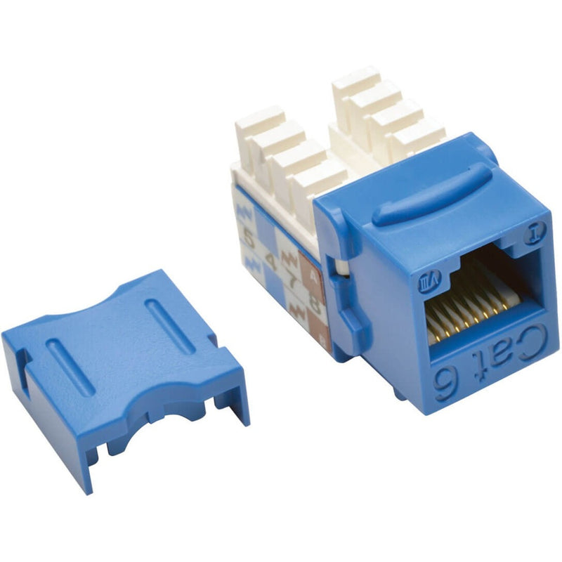 Blue Cat6 keystone jack with removable termination cap showing 110-style punch down terminals and RJ-45 port