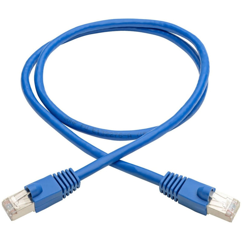 Full length view of 3-foot blue Cat6a ethernet patch cable with connectors