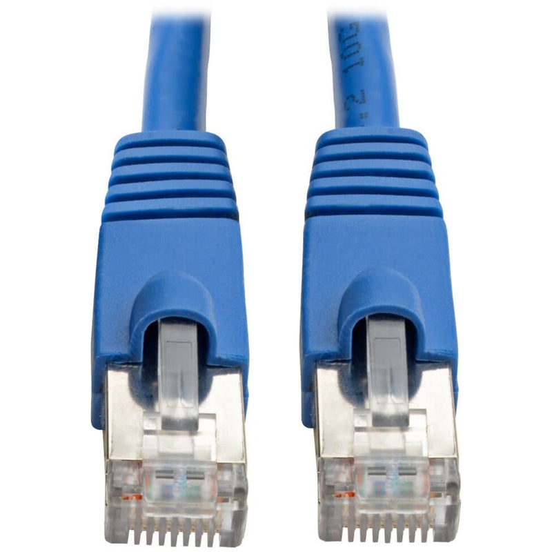 Close-up view of blue Cat6a cable RJ-45 connectors with snagless boots and transparent housing