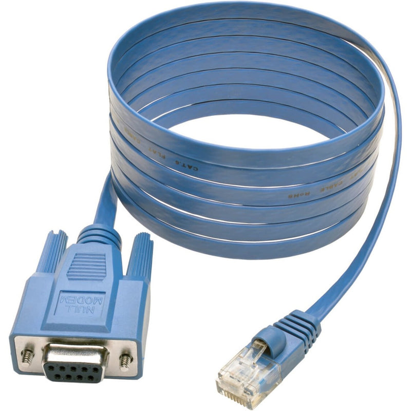 Tripp Lite P430-006 console cable showing RJ45 and DB9 connectors with blue flat cable design