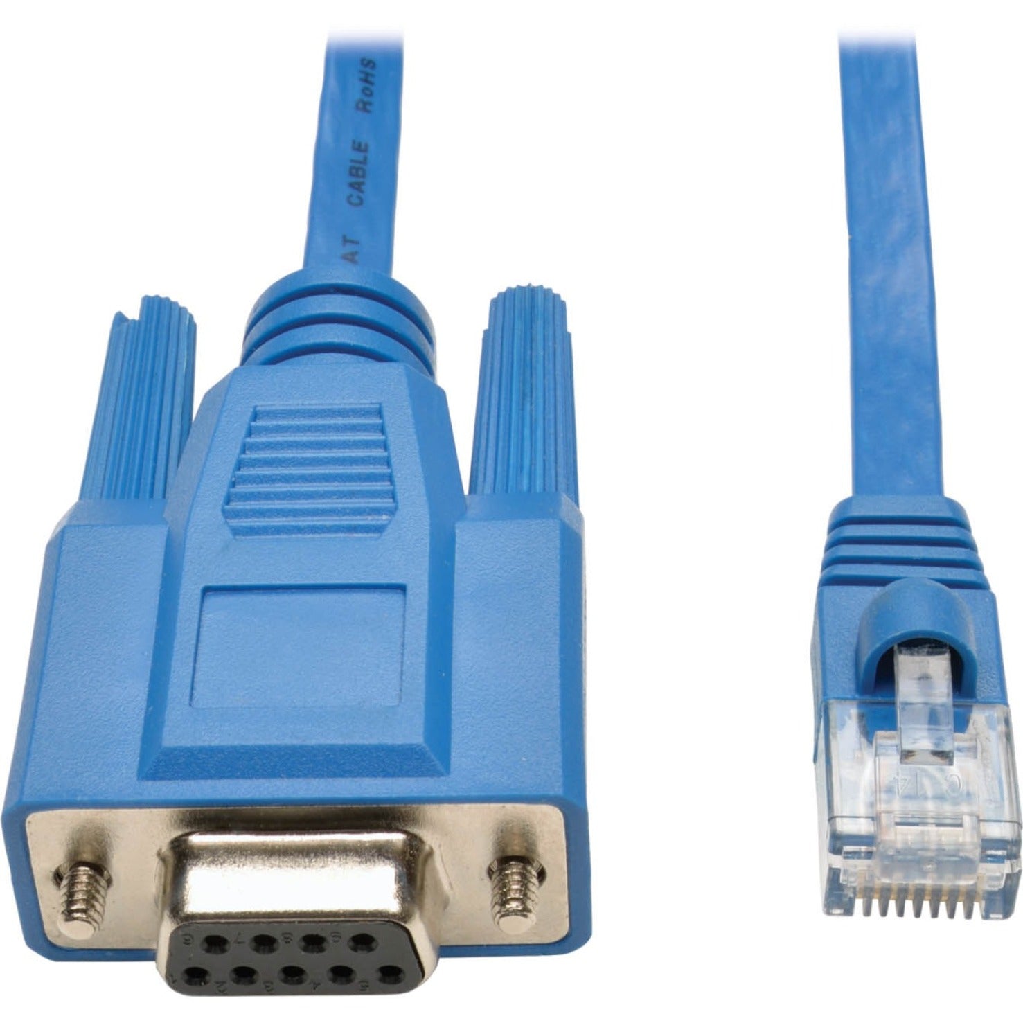 Close-up view of DB9 serial and RJ45 connectors on Tripp Lite console cable showing connector detail-alternate-image2