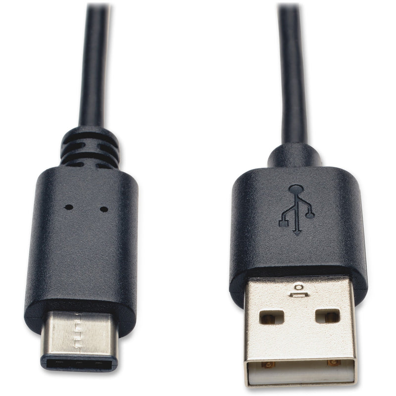 Close-up view of Tripp Lite USB-A to USB-C cable connectors showing gold-plated contacts and strain relief design