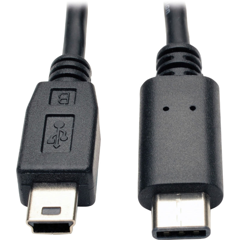 Close-up view of Tripp Lite USB cable showing Mini-B and USB Type-C connectors with strain relief and molded construction