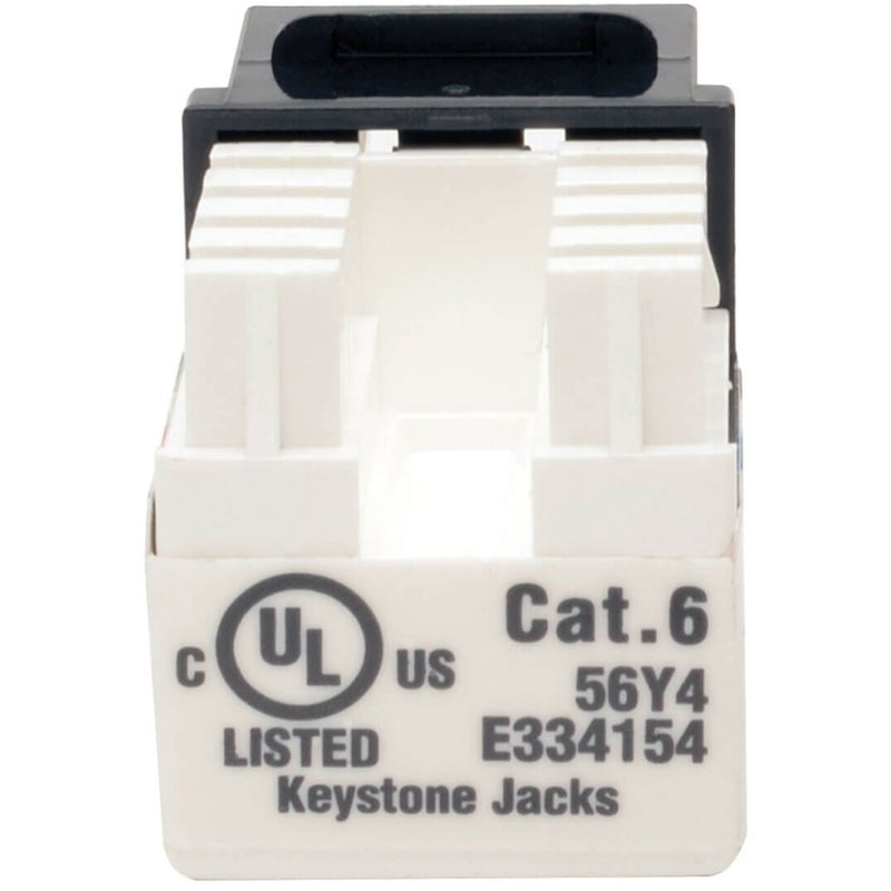 White keystone jack housing showing UL certification and Cat6 specifications