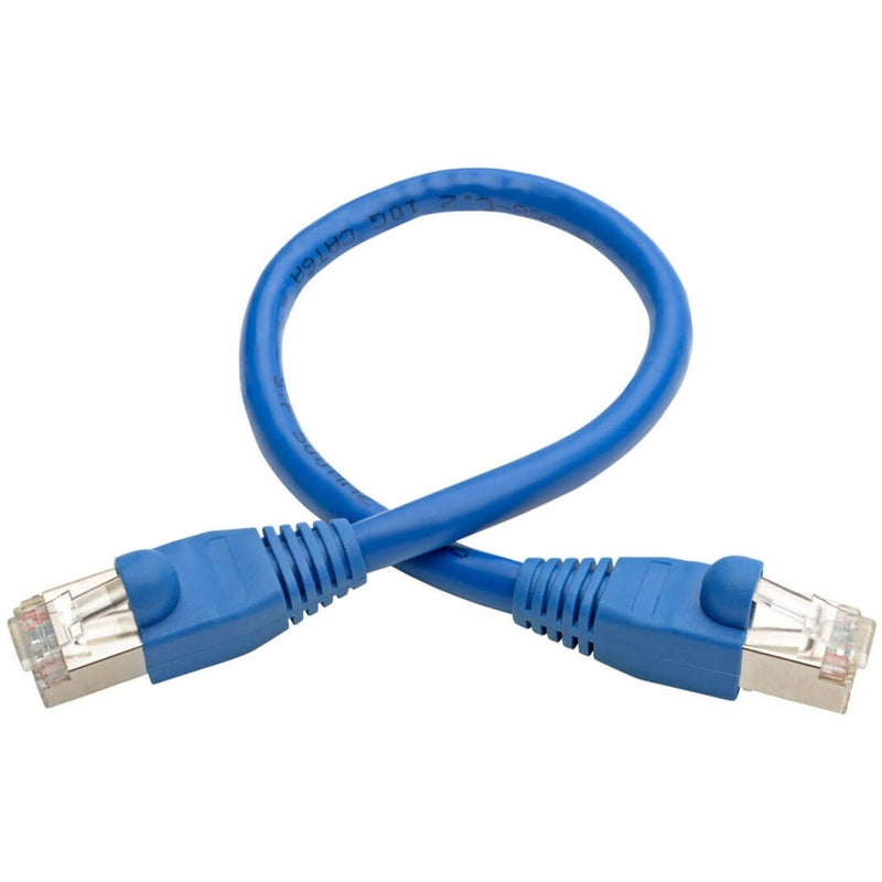 Full view of 1-foot blue Cat6a patch cable showing curved flexible design