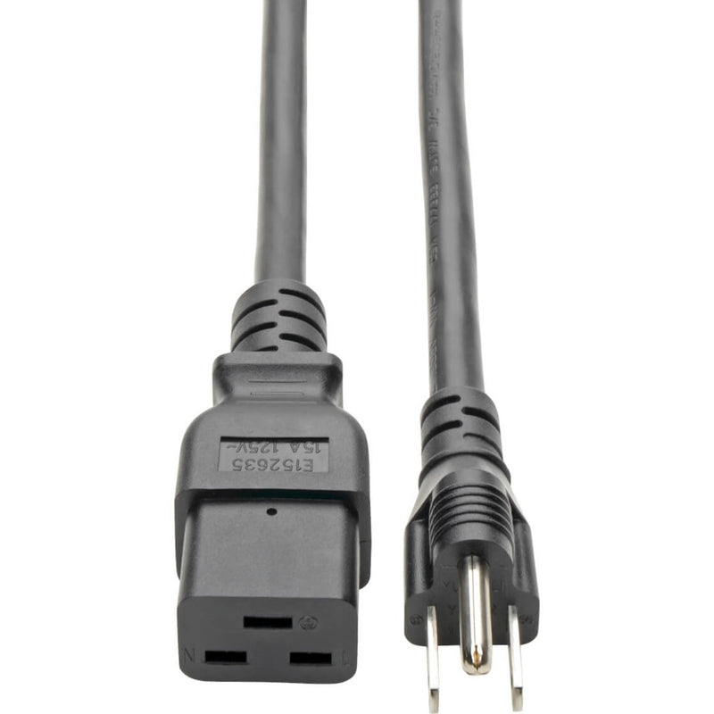 Close-up view of IEC-320-C19 and NEMA 5-15P connectors on Tripp Lite heavy-duty power cord