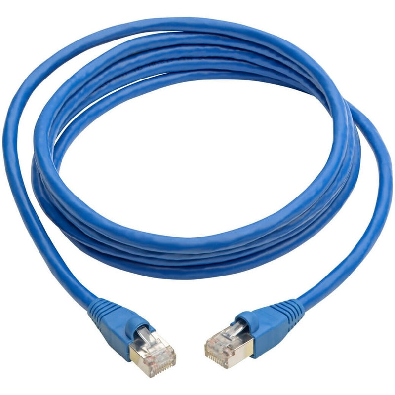 Full length view of blue Cat6a network cable showing flexibility and both connectors