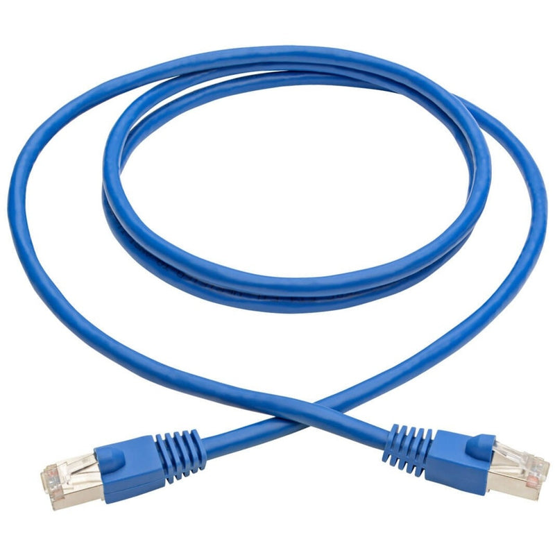 Full length view of blue Cat6a network patch cable with connectors at both ends