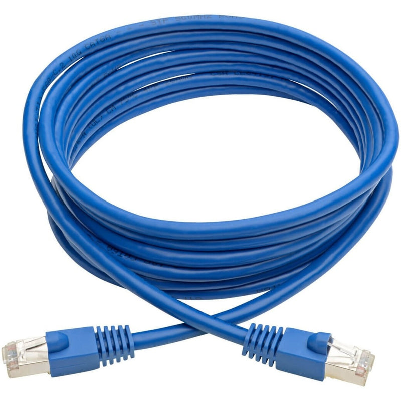 Full length view of 10ft blue Cat6a ethernet cable with connectors at both ends