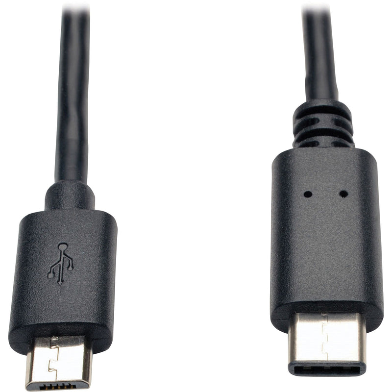 Close-up view of Tripp Lite USB cable showing Micro-B and USB-C connectors with strain relief and black molded housing