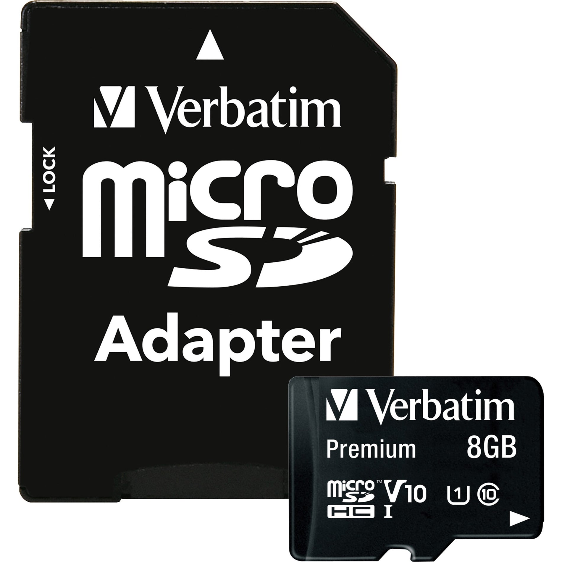 Verbatim 8GB microSDHC card shown with its SD adapter, displaying premium branding and technical specifications-alternate-image1