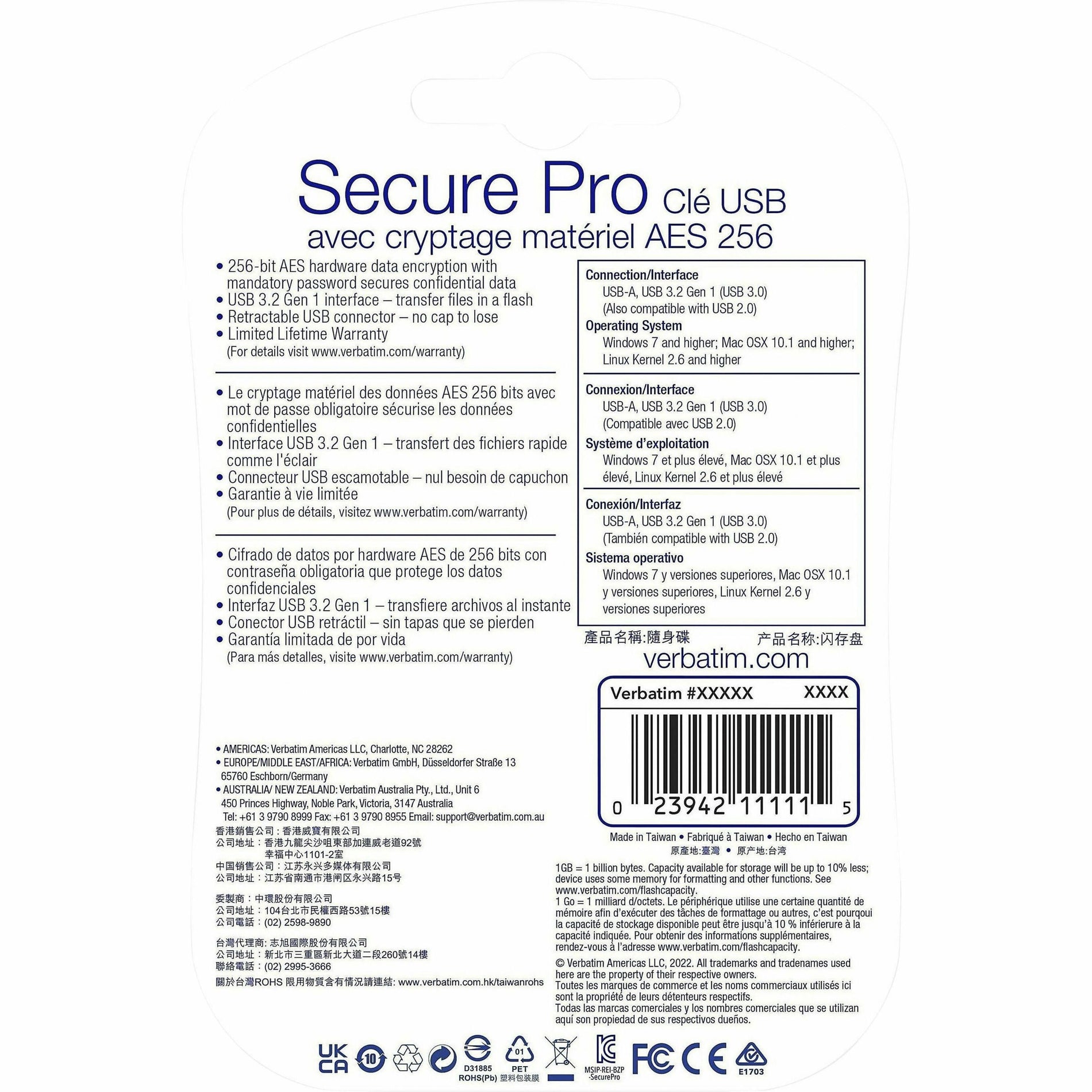 品牌：Verbatim 型号：98666 存储容量：64GB 接口类型：USB 3.0 安全级别：Secure Pro