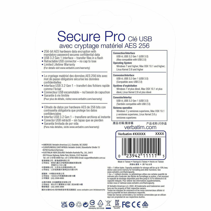 Product packaging information showing multilingual specifications and compatibility details for Verbatim Secure Pro USB drive