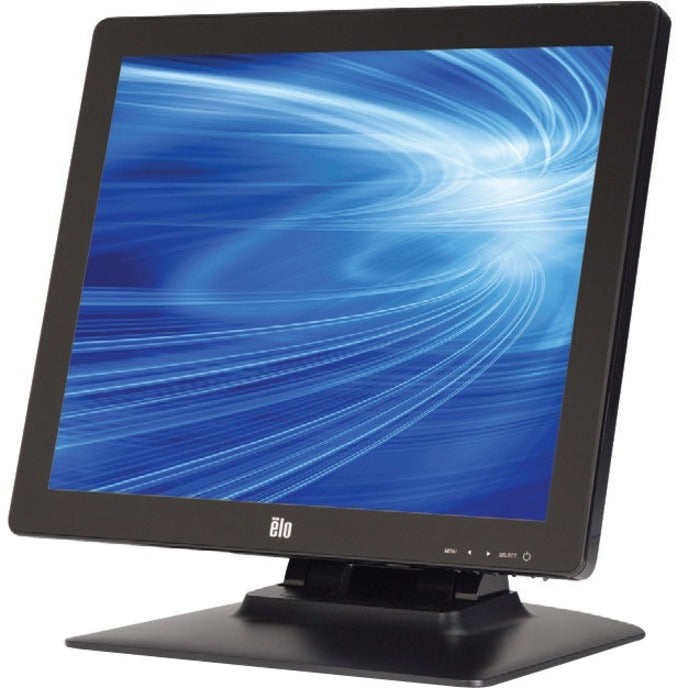 Front view of Elo 1523L 15-inch touchscreen monitor with LED display showing blue dynamic background