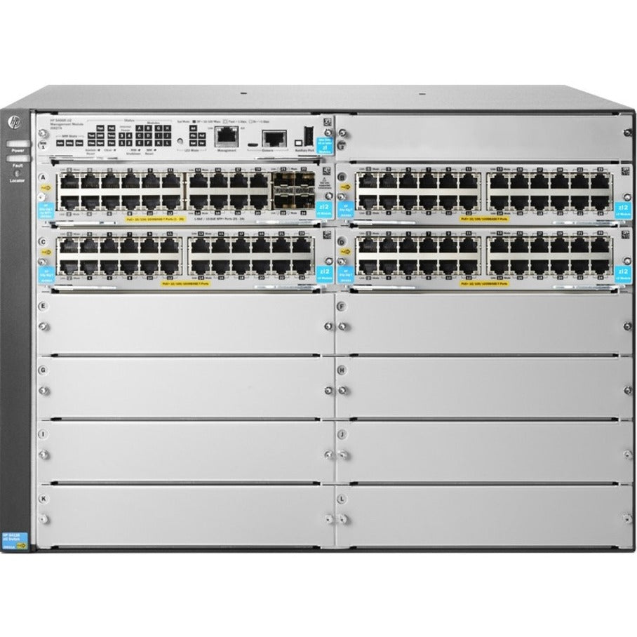 Front view of HPE 5412R zl2 switch showing 92 Gigabit Ethernet ports, management module, and multiple expansion slots in a 7U chassis-alternate-image1