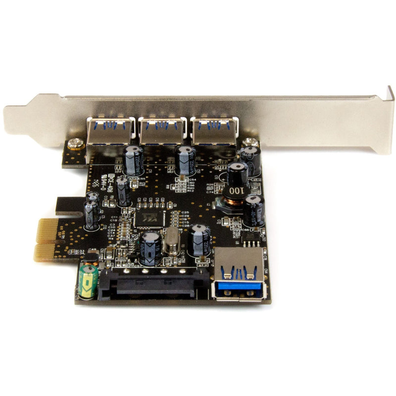 Angled view of StarTech.com USB 3.0 PCIe card showing power components and internal port