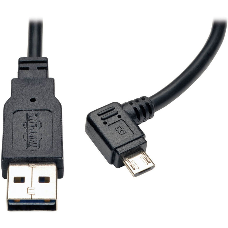 Close-up view of Tripp Lite USB-A to right-angle Micro-USB cable connectors