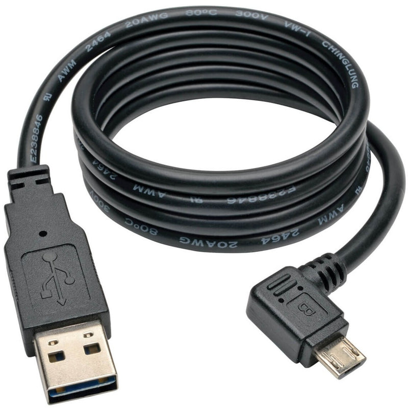 Coiled view of Tripp Lite black USB charging cable showing cable quality and flexibility