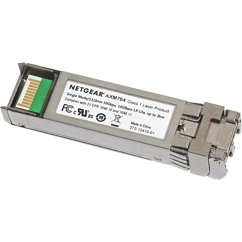 NETGEAR AXM764 10GBase-LR Lite SFP+ module showing product label and LC connector interface