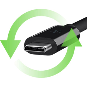 Illustration showing reversible nature of USB-C connector with green circular arrows