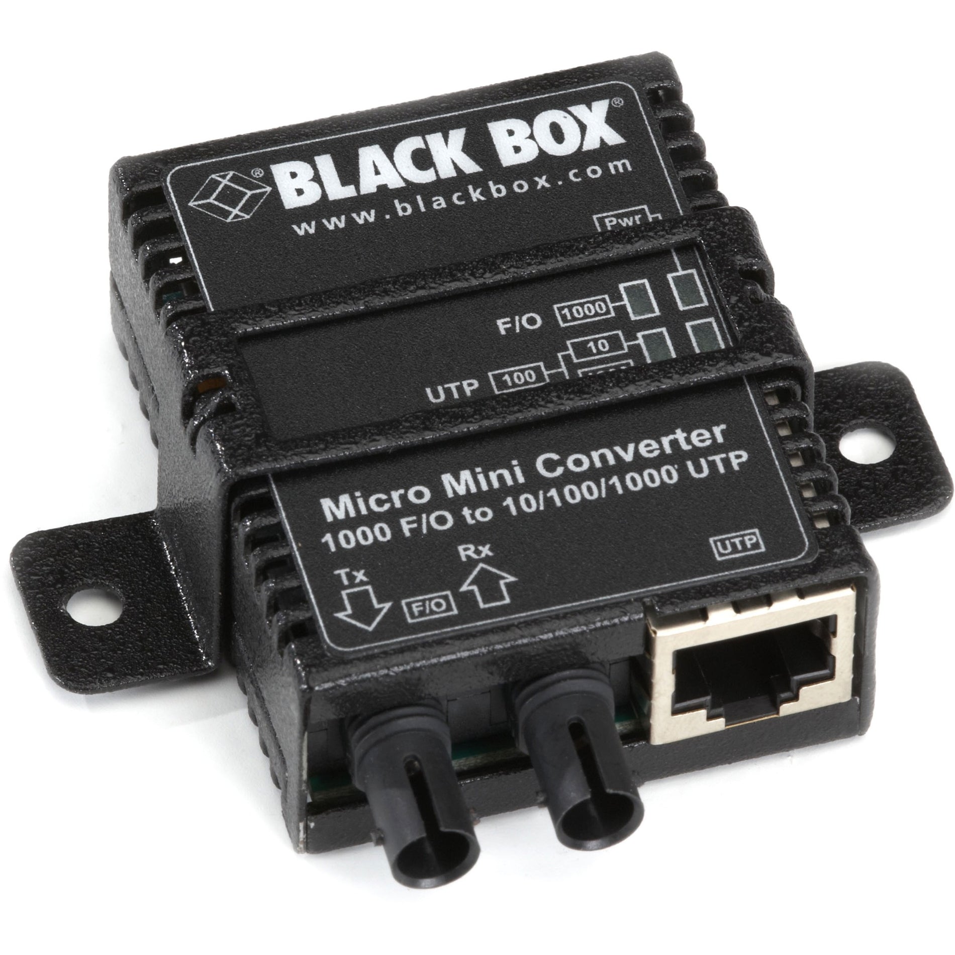 Black Box Micro Mini Media Converter showing fiber optic ports and RJ45 connection with network speed indicators-alternate-image1