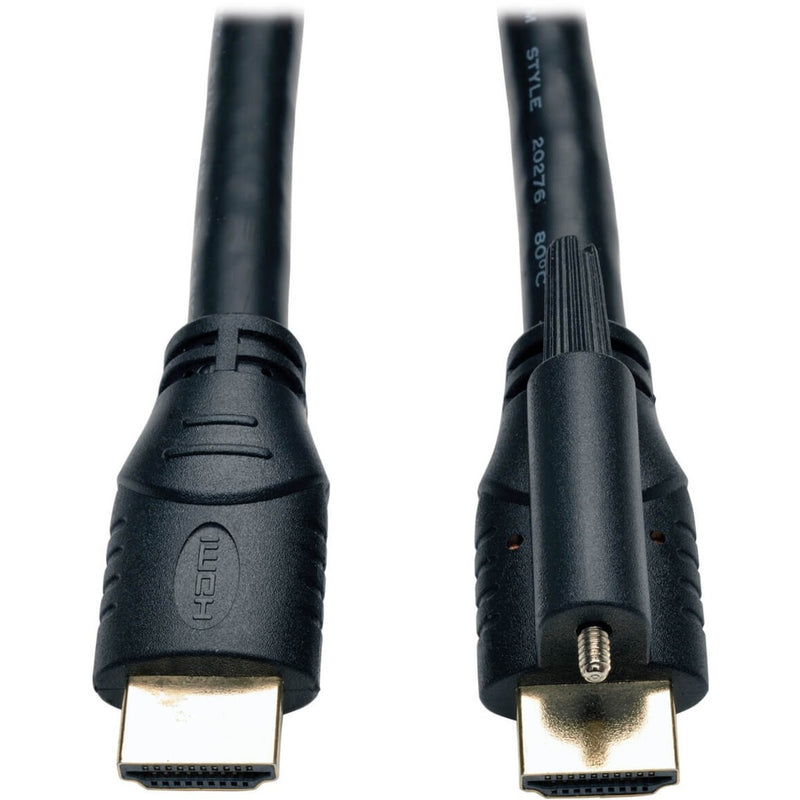 Close-up view of Tripp Lite P569-015-LOCK HDMI cable connectors showing locking mechanism and gold-plated contacts