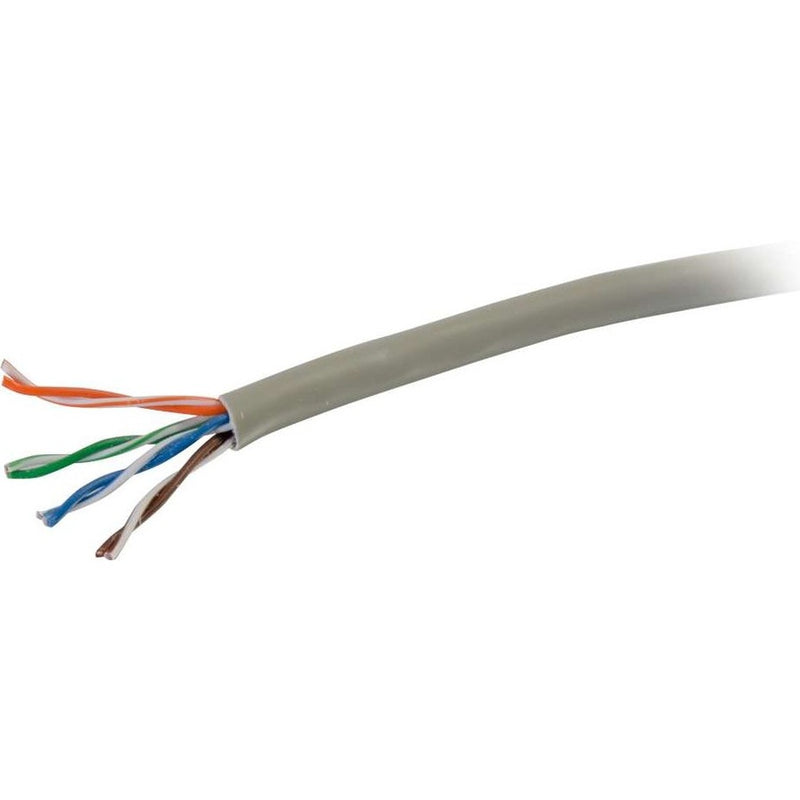 Close-up view of C2G Cat5e UTP network cable showing exposed colored wire pairs within gray jacket