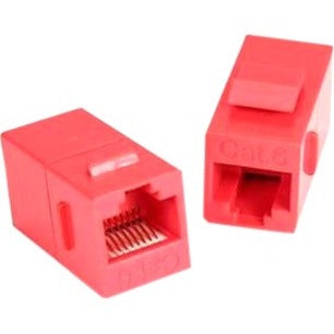 Red Cat6 RJ45 keystone inline coupler showing both female connection ports