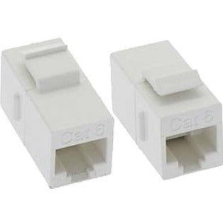 Two white Cat6 RJ45 keystone in-line couplers showing female ports on both ends