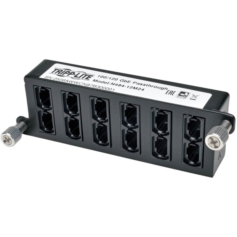 Front view of Tripp Lite N484-12M24 fiber optic cassette showing 12 MTP/MPO ports in black housing