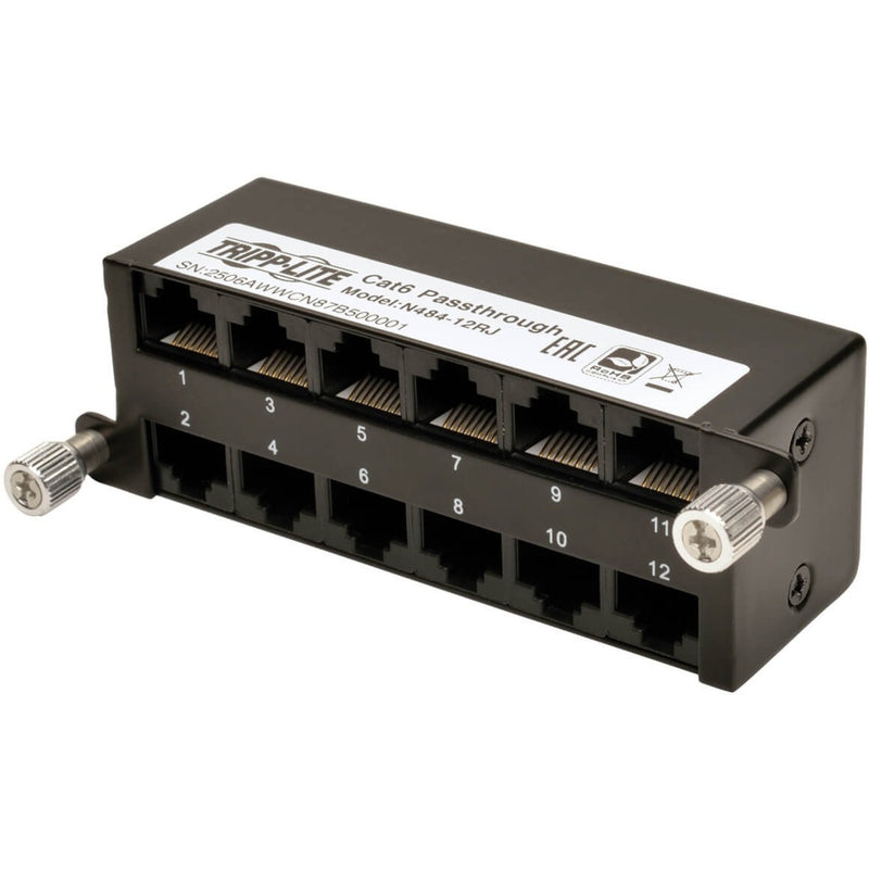 Front view of Tripp Lite N484-12RJ Cat6a cassette showing 12 numbered RJ45 ports in dual-row configuration