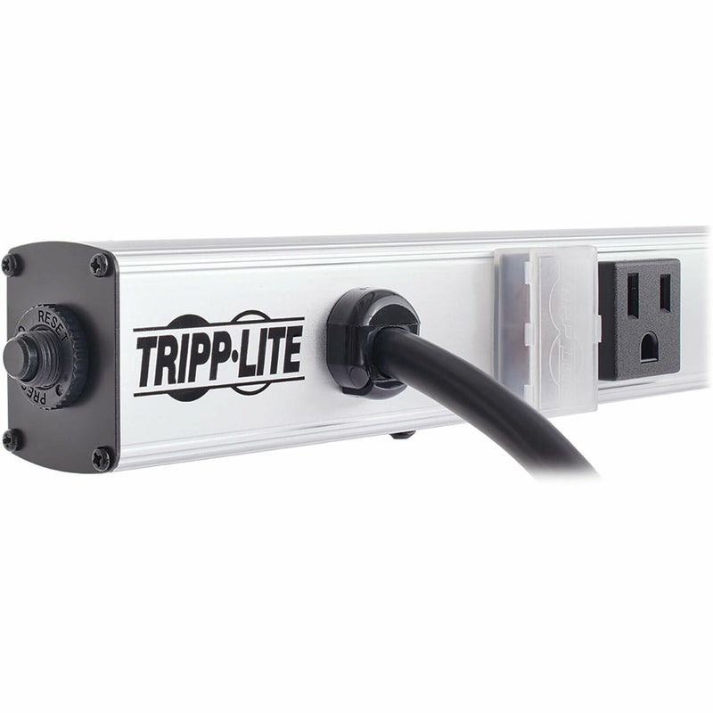 Close-up of Tripp Lite PS3612RA power strip showing illuminated circuit breaker and outlet detail