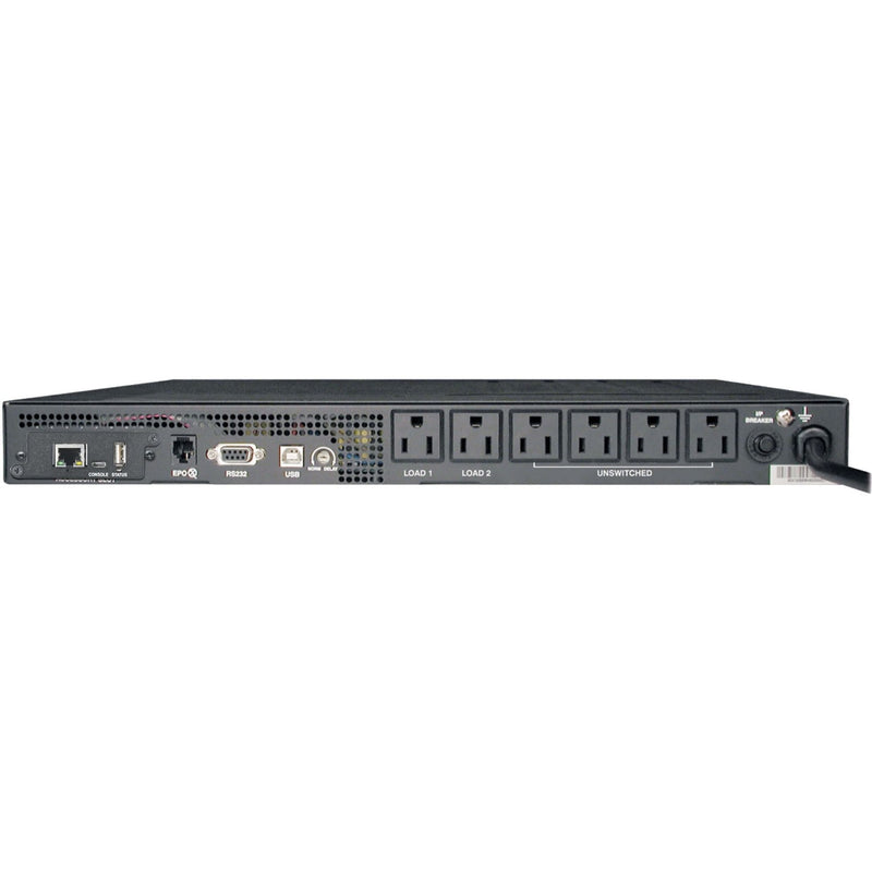 Rear view of SMART1000RM1UN UPS showing power outlets, communication ports, and network interface