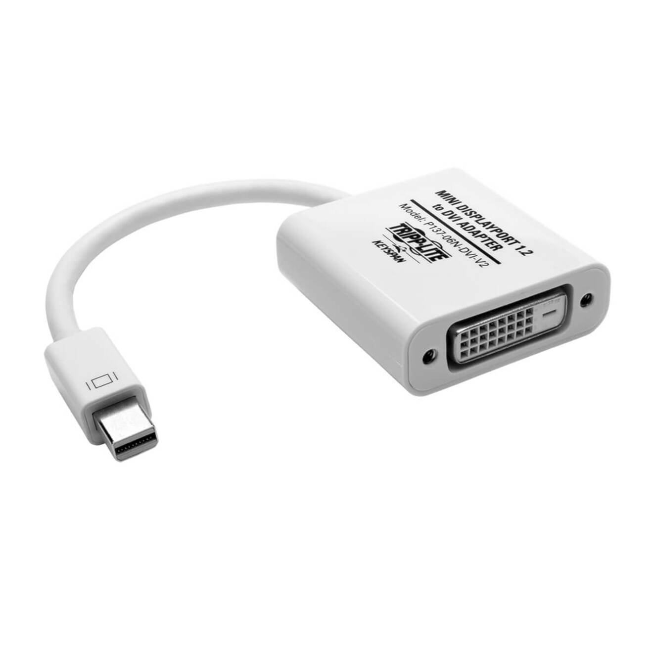 White Mini DisplayPort to DVI adapter showing full length view with both connectors-alternate-image1