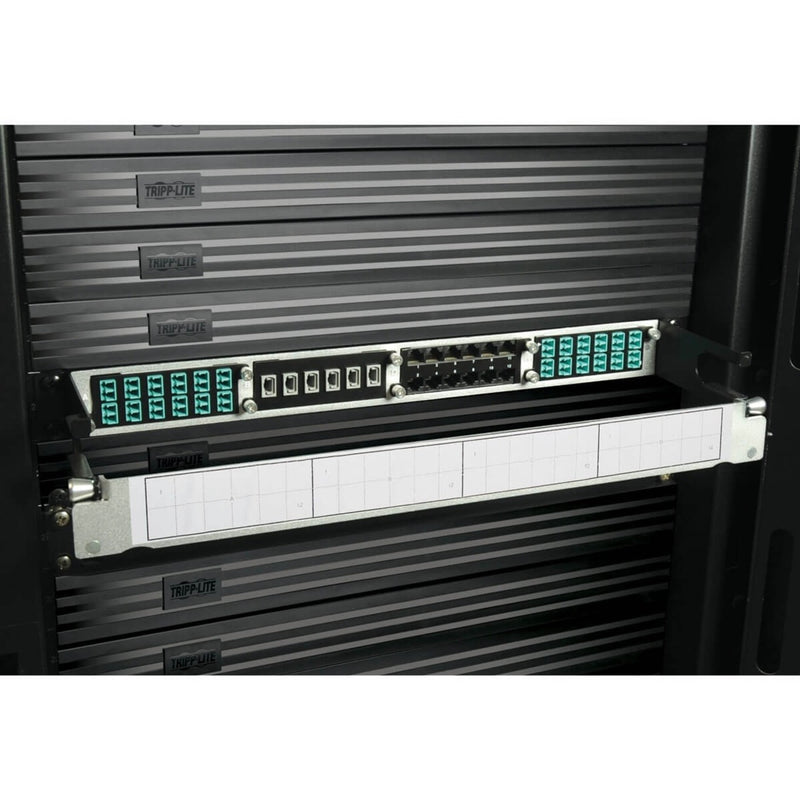 N484-01U installed in rack showing mixed connectivity modules and active connections