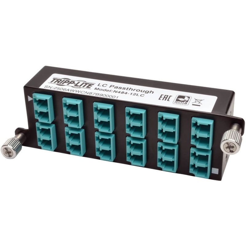 Front view of Tripp Lite N484-12LC cassette with 12 aqua-colored LC duplex ports