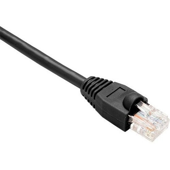 Close-up view of Unirise Cat.5e patch cable's black boot design and RJ-45 connector