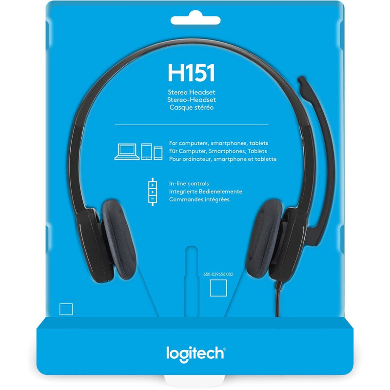 Alternative view of Logitech H151 packaging with multilingual information and feature icons